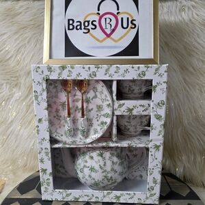 GRACE TEAWARE TEA TIME 7 PIECE TEAPOT AND SAUCER GIFT SET GREEN FLORAL BUTTERFLY